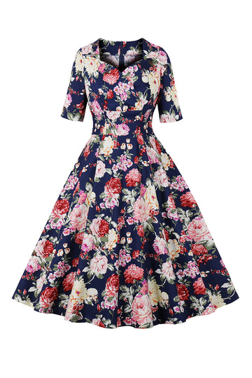 Navy Floral Printed Swing 1950-tallet kjole med korte ermer
